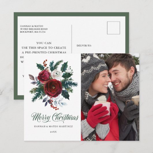 Red Floral Holly Foto Weihnachtsfeiertag Postkarte (Vorne/Hinten)