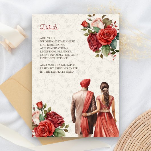 Red Floral Indian Punjabi Sikh Wedding Details Begleitkarte