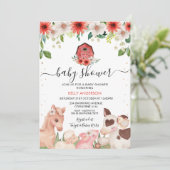 Red Floral Karierte Landtiere Kinderdusche Einladung (Stehend Vorderseite)
