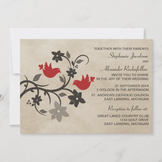 Red Floral Lovebirds Hochzeitseinladung Einladung (Vorderseite)