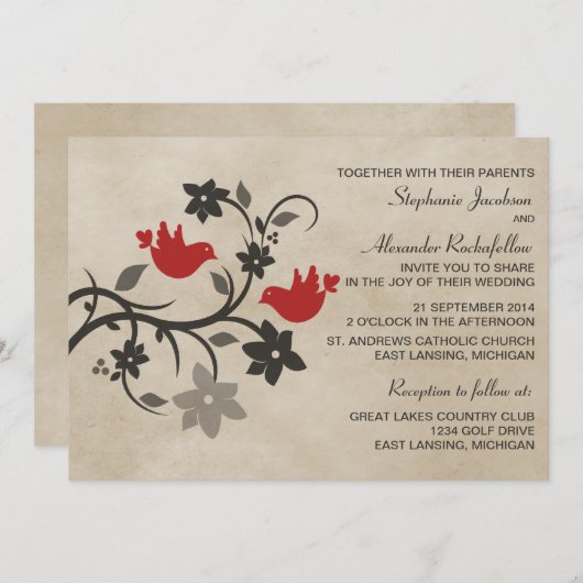 Red Floral Lovebirds Hochzeitseinladung Einladung (Vorne/Hinten)