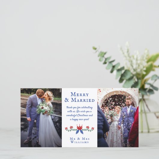 Red Floral Merry Verheiratet Hochzeiten Fotos Dankeskarte (Stehend Vorderseite)