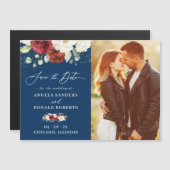 Red Floral Navy Blue Wedding Save the Date Magnet (Vorne/Hinten)