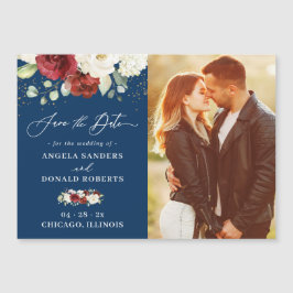Red Floral Navy Blue Wedding Save the Date Magnet