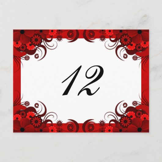 Red Floral on White Empfang Tischnummer Cards (Vorderseite)