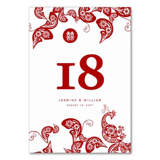 Red Floral Paisley Peacock Chinesische Hochzeit Tischnummer (Rückseite)