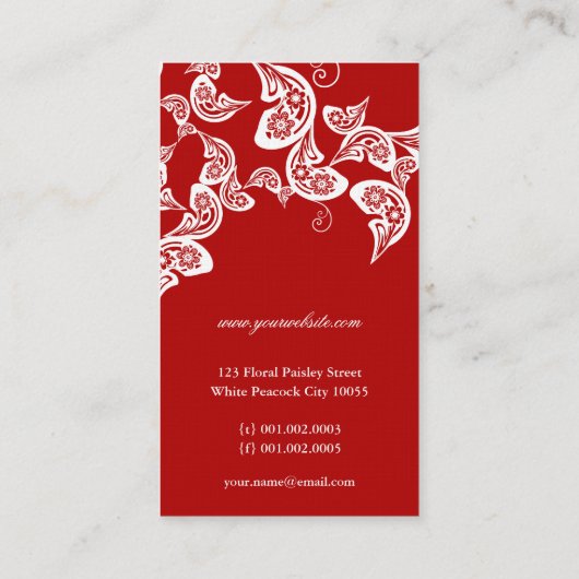 Red Floral Paisley Peacock Stilvoll Chic Elegante Visitenkarte (Rückseite)