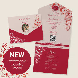Red Floral Photo Wedding All In One Einladung
