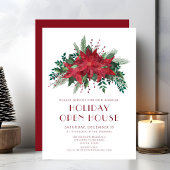 Red Floral Poinsettia Christmas Open House Party Einladung