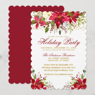 Red Floral Poinsettia Gold Glitzer Einladung