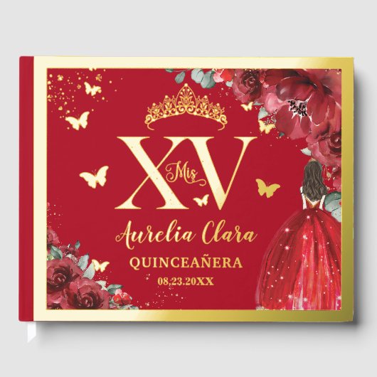 Red Floral Princess Dress Quinceañera Gold Gästebuch (Vorderseite)
