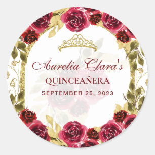 Red Floral Princess Gold Arch Quinceanera Runder Aufkleber
