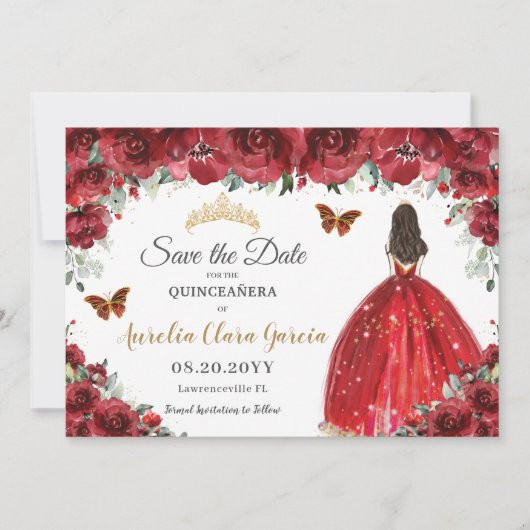 Red Floral Princess Gold Quinceañera Save the Date (Vorderseite)