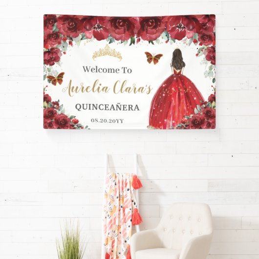 Red Floral Princess Gold Quinceñera Hintergrund Banner (InSitu)
