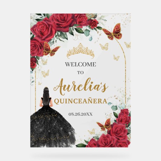Red Floral Quinceañera Black Dress Schmetterlinge Acrylschild (Vorderseite)