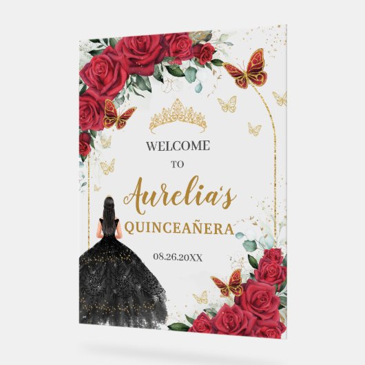 Red Floral Quinceañera Black Dress Schmetterlinge Acrylschild (Winkel)