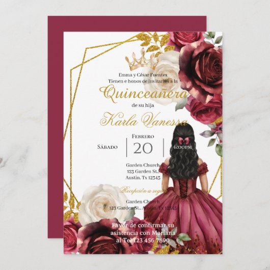 Red Floral Quinceanera Einladung (Vorne/Hinten)