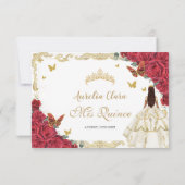 Red Floral Quinceañera Ivory White Dress Princess RSVP Karte (Rückseite)