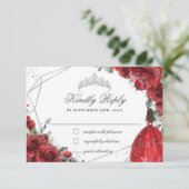 Red Floral Quinceañera Silver Tiara Princess Dress RSVP Karte (Stehend Vorderseite)