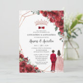 Red Floral Rose Gold Twins Boy Girl Quinceañera Einladung (Stehend Vorderseite)
