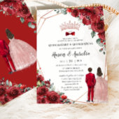 Red Floral Rose Gold Twins Boy Girl Quinceañera Einladung