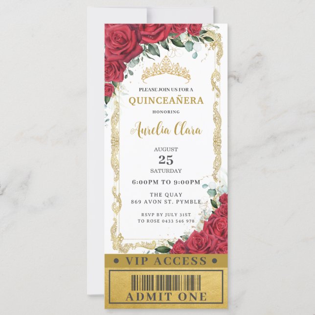 Red Floral Rose Quinceañera Sweet 16 VIP Ticket Einladung (Vorderseite)