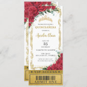 Red Floral Rose Quinceañera Sweet 16 VIP Ticket Einladung (Vorne/Hinten)