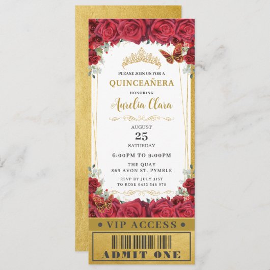 Red Floral Rose Quinceañera Sweet 16 VIP Ticket Einladung (Vorne/Hinten)