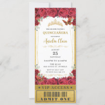 Red Floral Rose Quinceañera Sweet 16 VIP Ticket