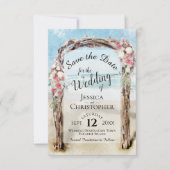 Red Floral Rustic Driftwood Beach Arbor Hochzeit Save The Date (Vorderseite)