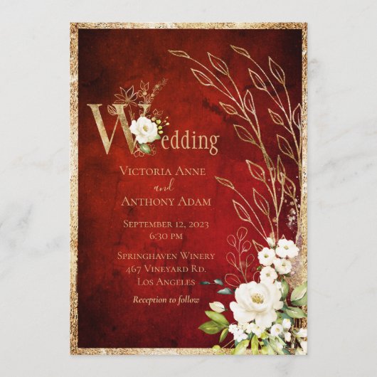 Red Floral Rustic Script Wedding Einladung (Vorderseite)