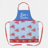 Red Floral Shabby Chic Blue Gingham Anpassbar Schürze (Vorderseite)