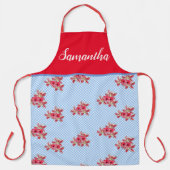 Red Floral Shabby Chic Blue Gingham Lily Kitchen Schürze (Vorderseite)