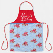 Red Floral Shabby Chic Blue Gingham Mums Kitchen Schürze (Vorderseite)