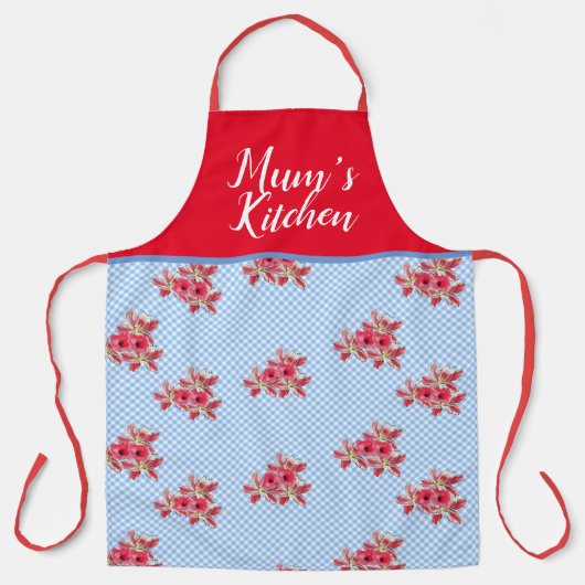 Red Floral Shabby Chic Blue Gingham Mums Kitchen Schürze (Vorderseite)