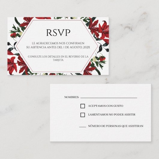 Red Floral Spanish Wedding RSVP Card Begleitkarte (Vorne/Hinten)