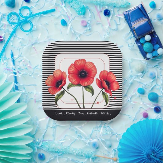 Red Floral Square Pappteller (Party)