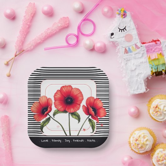 Red Floral Square Pappteller (Party)