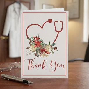 Red Floral Stethoscope Herzlich Willkommen Dankeskarte