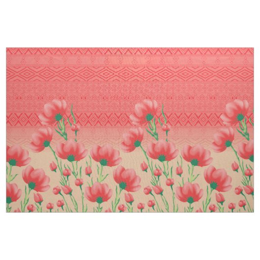 Red Floral Textile | Geometrisches Mohndruck Stoff (Yard (91,4 cm))