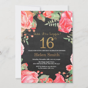 Red Floral Überraschung 16. Geburtstag Gold Glitze Einladung