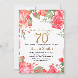 Red Floral Überraschung 70. Geburtstag Gold Glitze Einladung