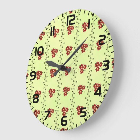 Red Floral Vine Pattern on Light Green Große Wanduhr (Winkel)