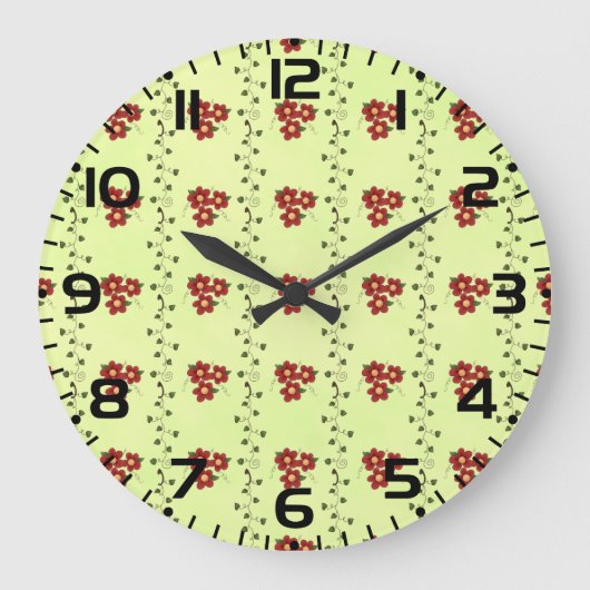 Red Floral Vine Pattern on Light Green Große Wanduhr (Vorderseite)