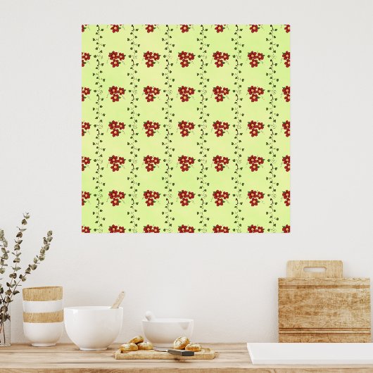 Red Floral Vine Pattern on Light Green Poster (Küche)