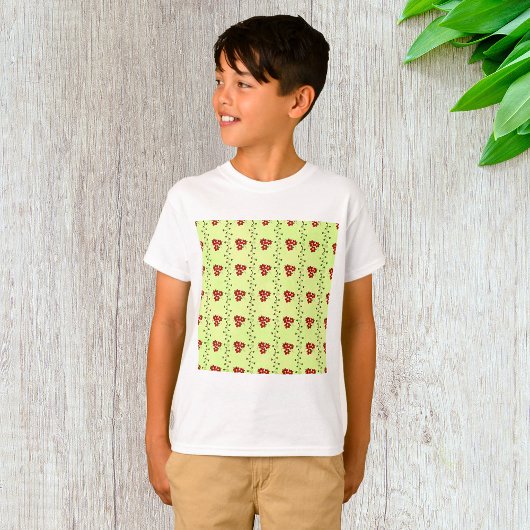Red Floral Vine Pattern on Light Green T-Shirt