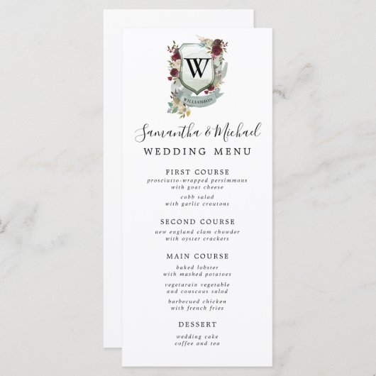 Red Floral Wappen mit Monogram ErstWedding Menükarte (Vorne/Hinten)