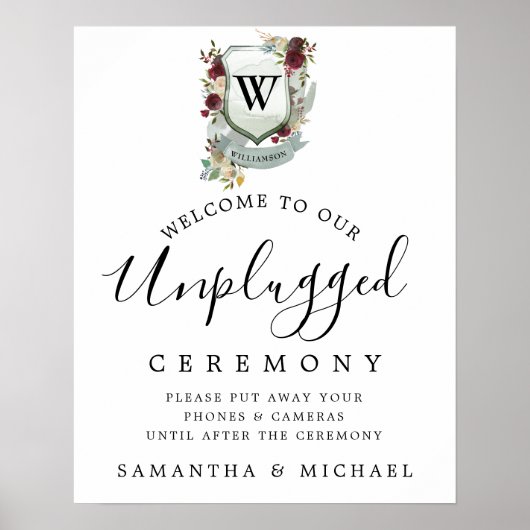 Red Floral Wappen Unplugged Wedding Zeremony Sign Poster (Vorne)