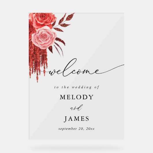 Red Floral Welcome Acrylschild (Vorderseite)