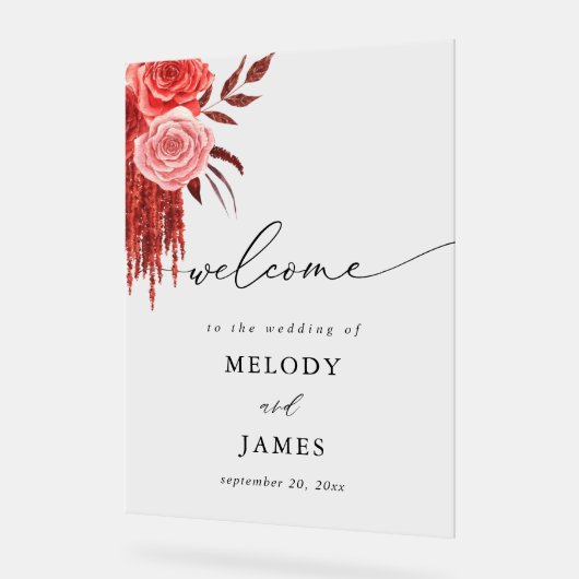 Red Floral Welcome Acrylschild (Winkel)